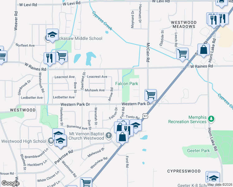 map of restaurants, bars, coffee shops, grocery stores, and more near 4259 Falcon Cove in Memphis