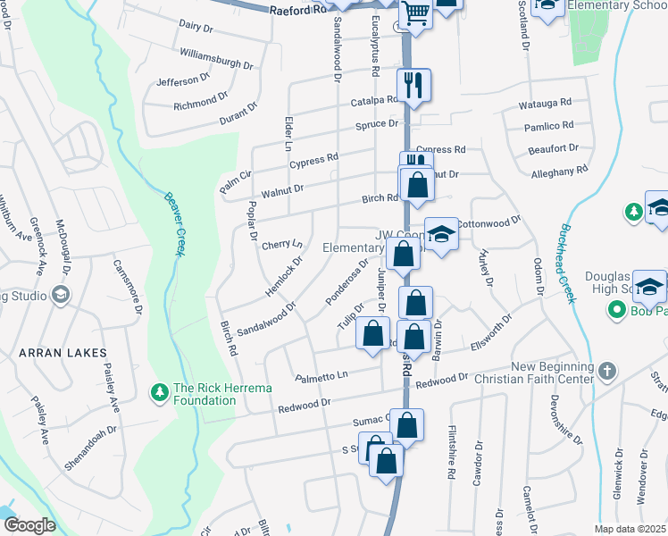 map of restaurants, bars, coffee shops, grocery stores, and more near 901 Sandalwood Drive in Fayetteville