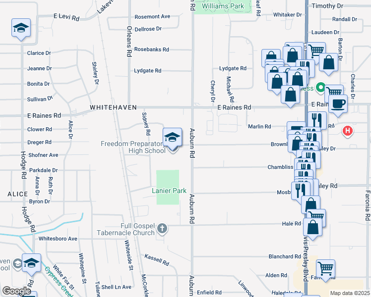 map of restaurants, bars, coffee shops, grocery stores, and more near 4259 Auburn Road in Memphis