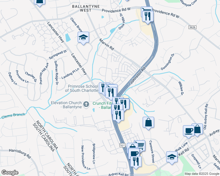 map of restaurants, bars, coffee shops, grocery stores, and more near 11923 Royal Castle Court in Charlotte