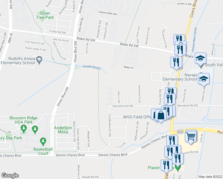 map of restaurants, bars, coffee shops, grocery stores, and more near 4141 Barcelona Road Southwest in Albuquerque