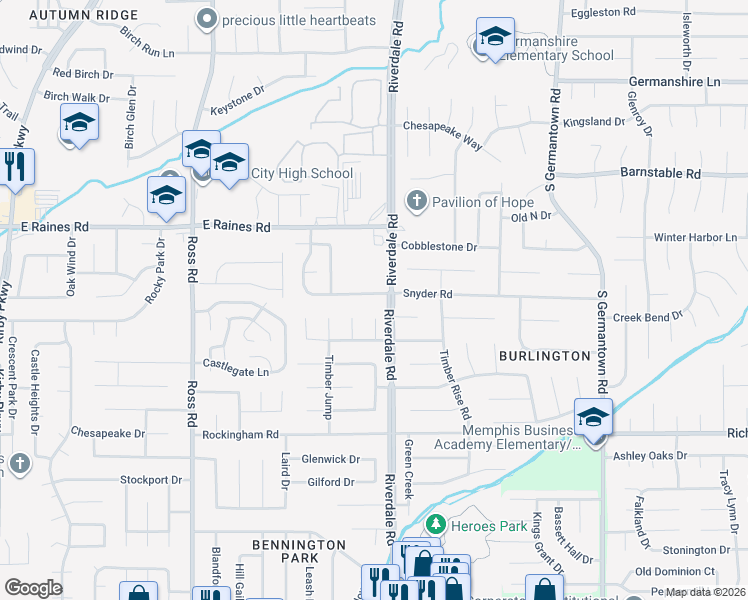 map of restaurants, bars, coffee shops, grocery stores, and more near 6937 Snyder Road in Memphis