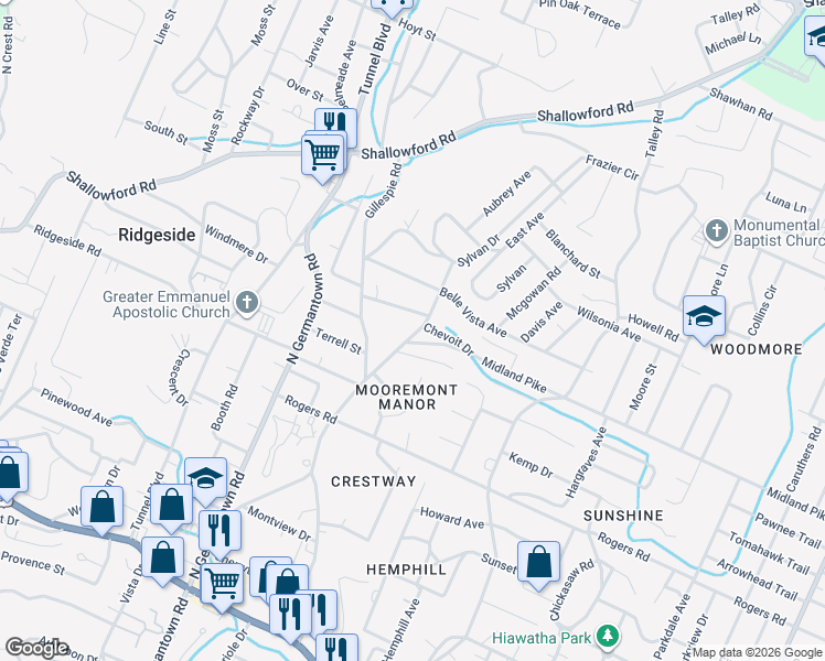map of restaurants, bars, coffee shops, grocery stores, and more near 419 Phoenix Avenue in Chattanooga