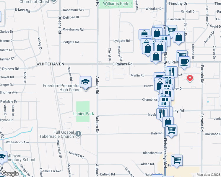 map of restaurants, bars, coffee shops, grocery stores, and more near 921 Brownlee Road in Memphis