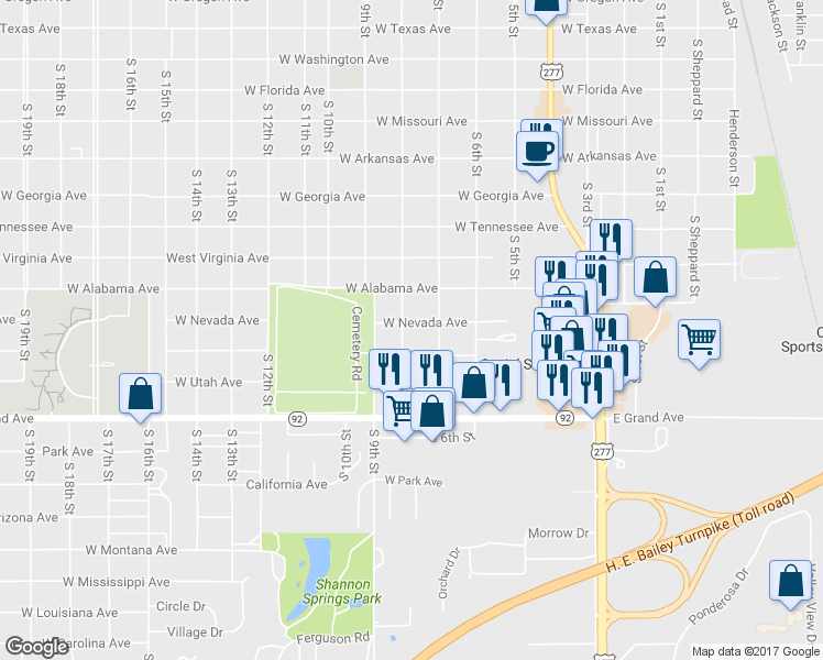 map of restaurants, bars, coffee shops, grocery stores, and more near 1801 South 8th Street in Chickasha