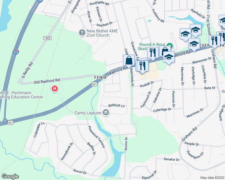 map of restaurants, bars, coffee shops, grocery stores, and more near 4030 Bardstown Court in Fayetteville