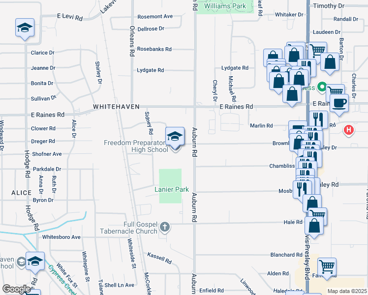 map of restaurants, bars, coffee shops, grocery stores, and more near 4259 Auburn Road in Memphis