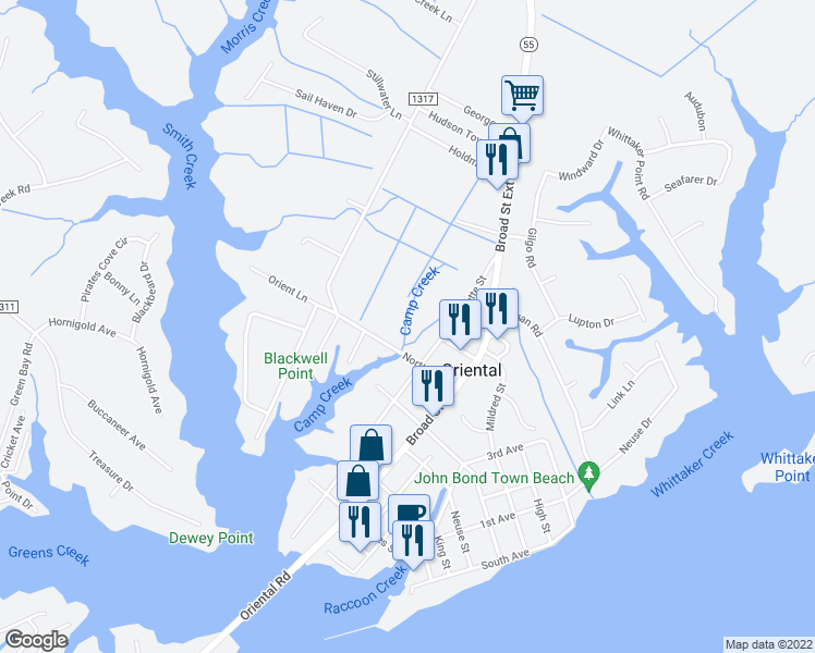 map of restaurants, bars, coffee shops, grocery stores, and more near 903 Oriental Road in Oriental
