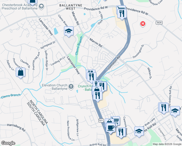 map of restaurants, bars, coffee shops, grocery stores, and more near 11840 Royal Castle Court in Charlotte