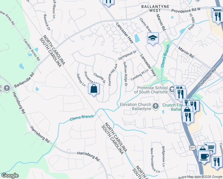 map of restaurants, bars, coffee shops, grocery stores, and more near 15723 Prescott Hill Avenue in Charlotte