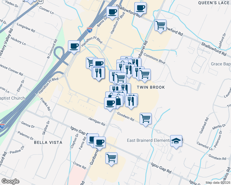 map of restaurants, bars, coffee shops, grocery stores, and more near 2021 Gunbarrel Road in Chattanooga