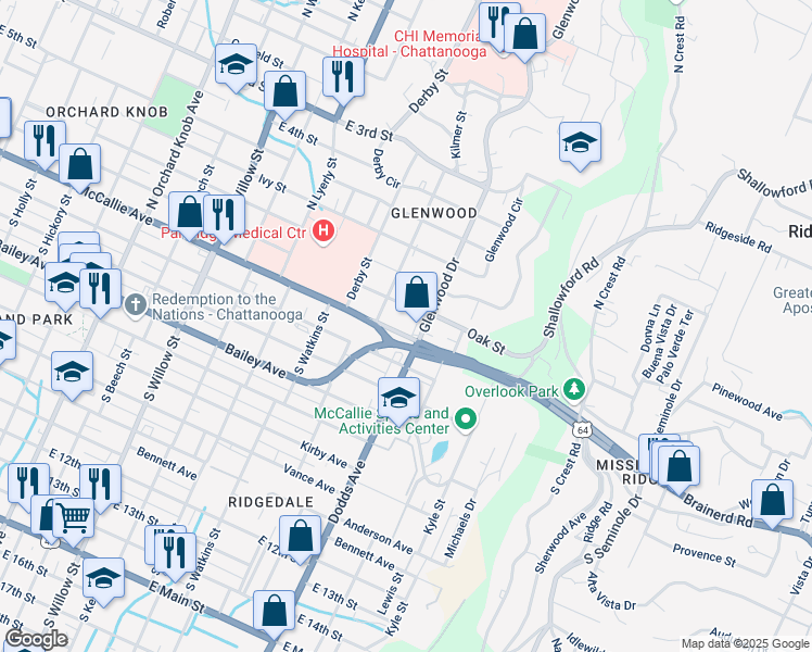 map of restaurants, bars, coffee shops, grocery stores, and more near 2527 McCallie Avenue in Chattanooga