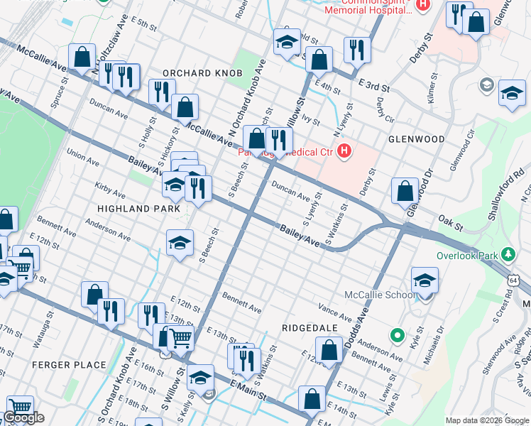 map of restaurants, bars, coffee shops, grocery stores, and more near 2112 Chamberlain Avenue in Chattanooga