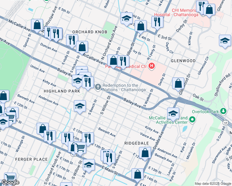 map of restaurants, bars, coffee shops, grocery stores, and more near 2112 Chamberlain Avenue in Chattanooga
