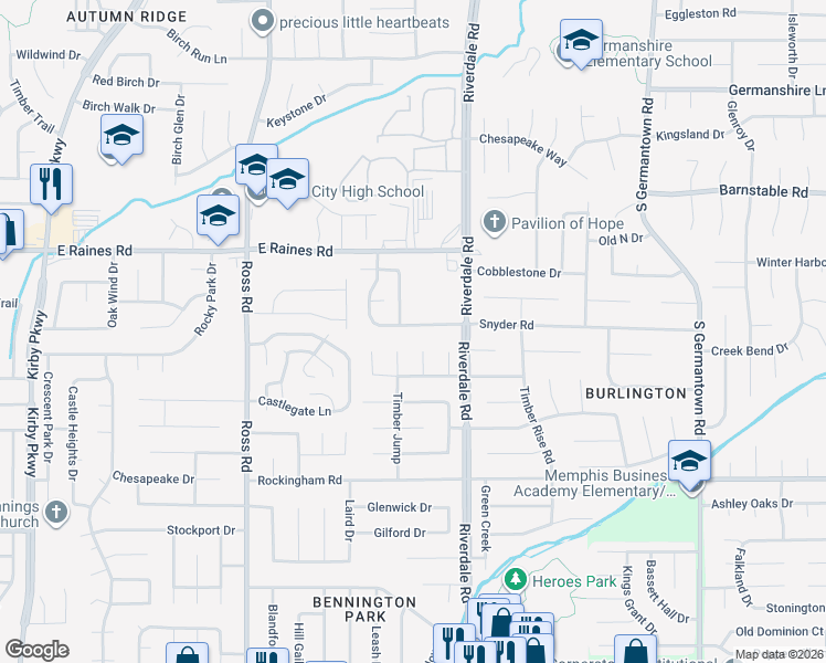 map of restaurants, bars, coffee shops, grocery stores, and more near 6891 Snyder Road in Memphis