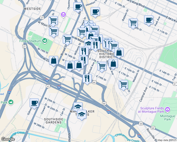 map of restaurants, bars, coffee shops, grocery stores, and more near 1733 Mitchell Avenue in Chattanooga