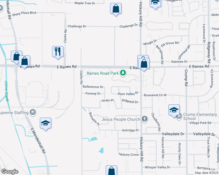 map of restaurants, bars, coffee shops, grocery stores, and more near 4257 Peach Valley Drive in Memphis