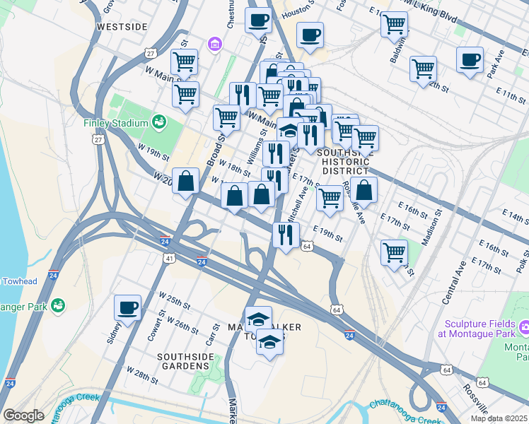 map of restaurants, bars, coffee shops, grocery stores, and more near 27 Long Street Alley in Chattanooga