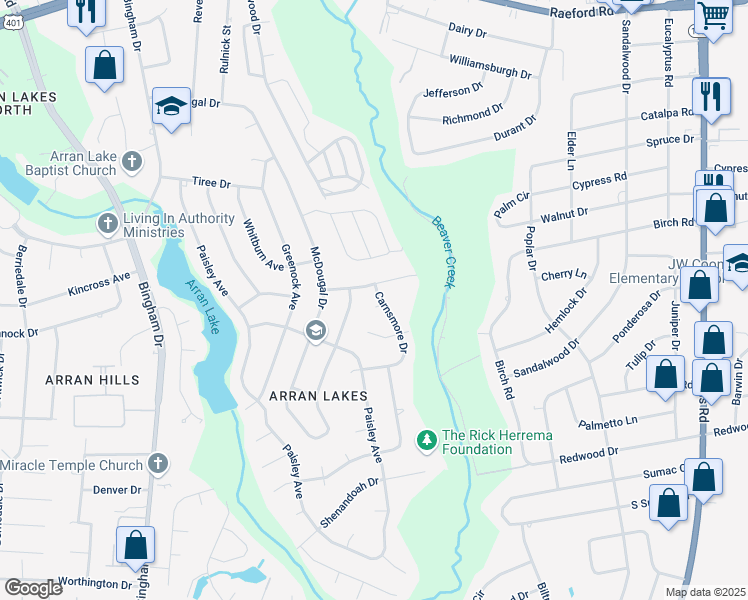 map of restaurants, bars, coffee shops, grocery stores, and more near 5702 Bashford Court in Fayetteville