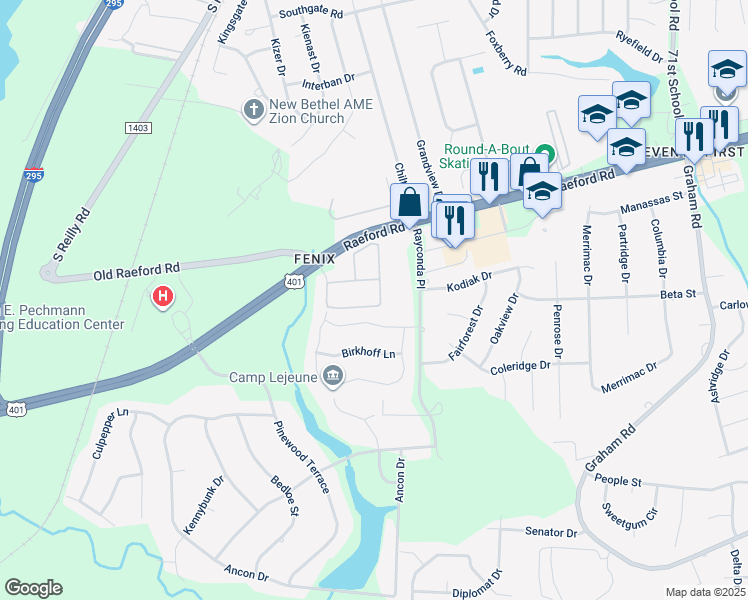 map of restaurants, bars, coffee shops, grocery stores, and more near 4010 Bardstown Court in Fayetteville