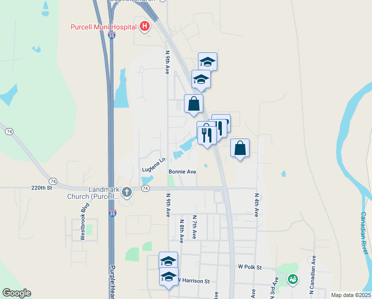 map of restaurants, bars, coffee shops, grocery stores, and more near 1729 Brookside Drive in Purcell
