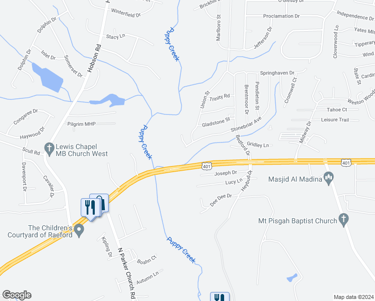 map of restaurants, bars, coffee shops, grocery stores, and more near 112 Stonebriar Avenue in Raeford