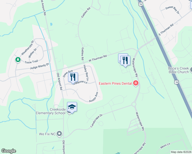 map of restaurants, bars, coffee shops, grocery stores, and more near 3223 Austin Ave in New Bern