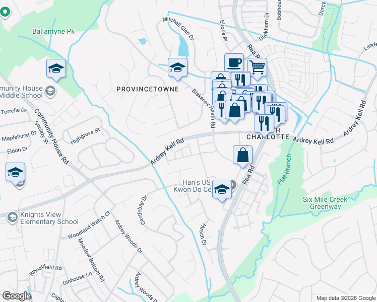 map of restaurants, bars, coffee shops, grocery stores, and more near 9907 Fallon Trace Avenue in Charlotte