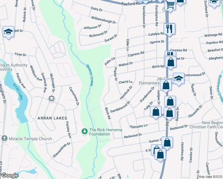 map of restaurants, bars, coffee shops, grocery stores, and more near 5419 Birch Road in Fayetteville