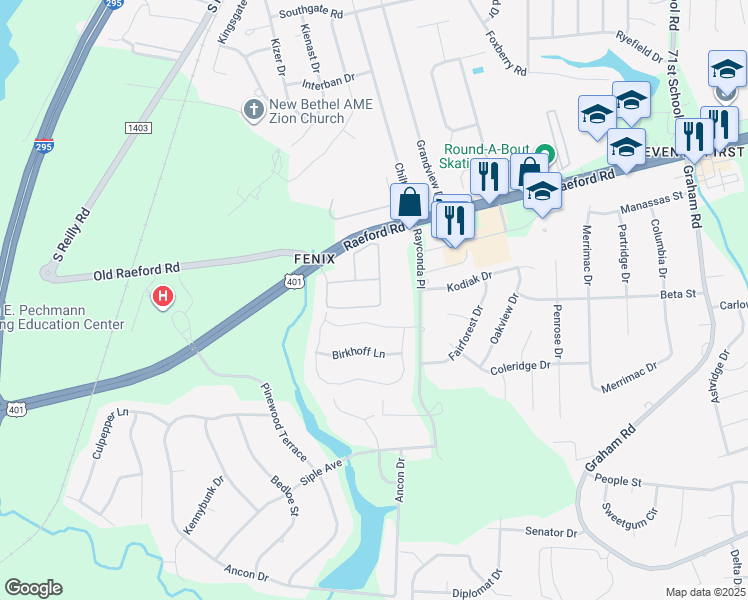 map of restaurants, bars, coffee shops, grocery stores, and more near 1916 Rayconda Place in Fayetteville