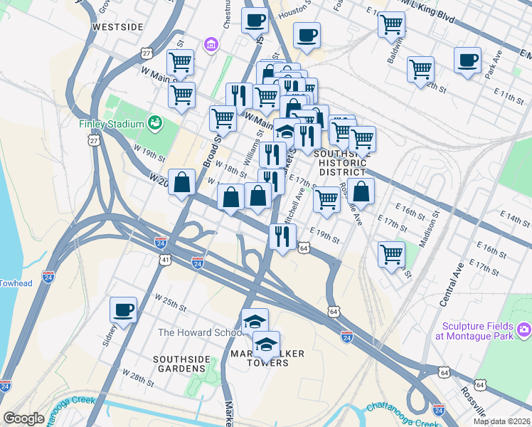 map of restaurants, bars, coffee shops, grocery stores, and more near 27 Long Street Alley in Chattanooga