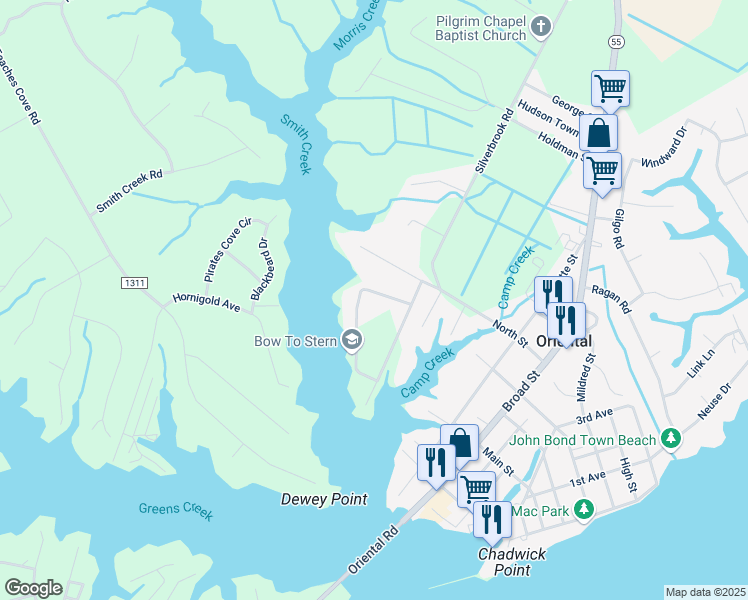 map of restaurants, bars, coffee shops, grocery stores, and more near 93 Blackwell Point Loop Road in Oriental
