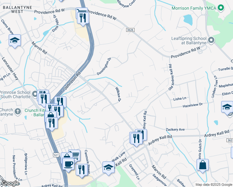 map of restaurants, bars, coffee shops, grocery stores, and more near 10840 Wilklee Drive in Charlotte