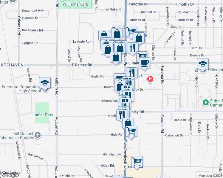 map of restaurants, bars, coffee shops, grocery stores, and more near 1103 Brownlee Road in Memphis
