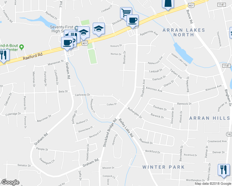 map of restaurants, bars, coffee shops, grocery stores, and more near 1103 Ayton Place in Fayetteville