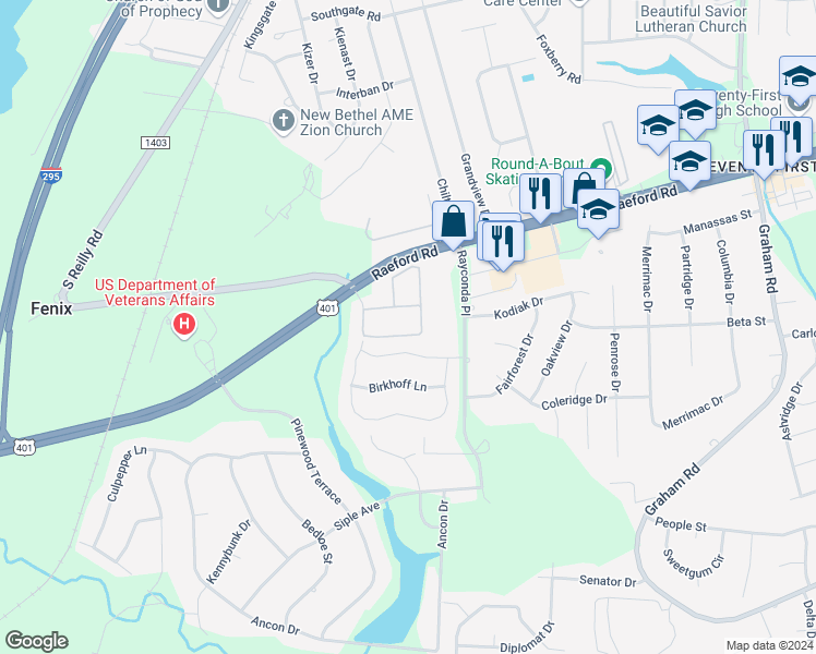 map of restaurants, bars, coffee shops, grocery stores, and more near 4020 Bardstown Court in Fayetteville