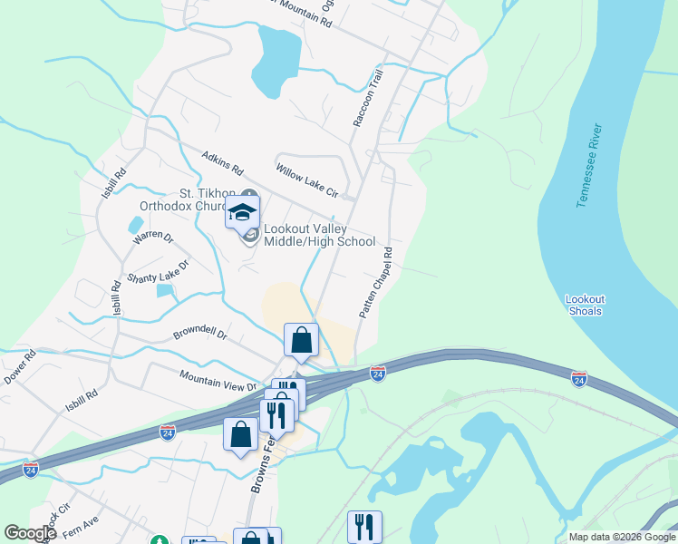 map of restaurants, bars, coffee shops, grocery stores, and more near 346 Browns Ferry Road in Chattanooga