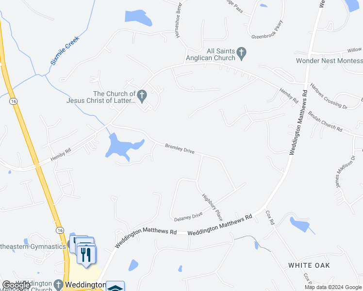 map of restaurants, bars, coffee shops, grocery stores, and more near 1125 Bromley Drive in Weddington