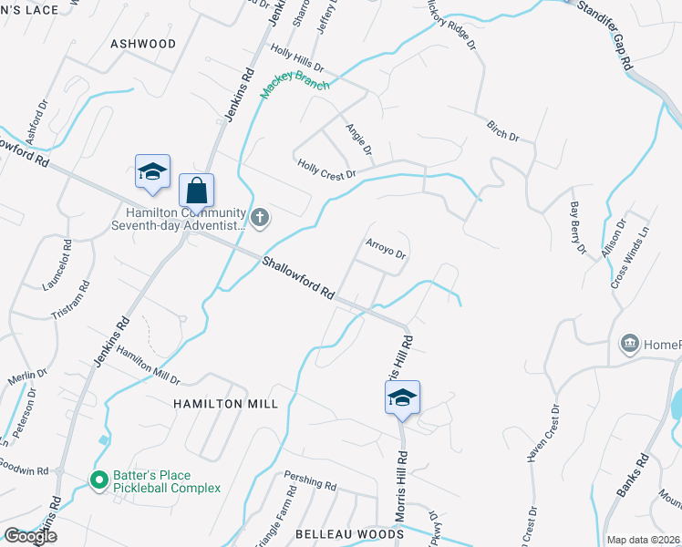 map of restaurants, bars, coffee shops, grocery stores, and more near 2307 Ranch Hills Road in Chattanooga