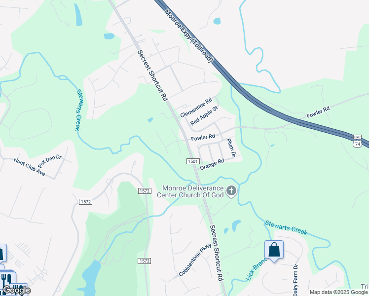 map of restaurants, bars, coffee shops, grocery stores, and more near 3417 Secrest Shortcut Road in Monroe