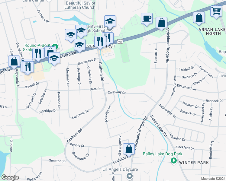 map of restaurants, bars, coffee shops, grocery stores, and more near 6720 Carloway Drive in Fayetteville