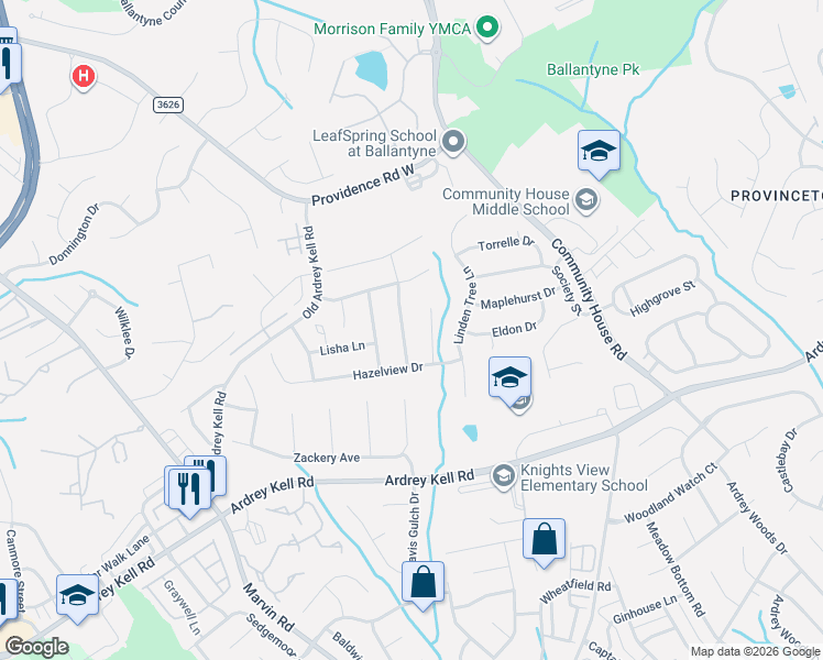map of restaurants, bars, coffee shops, grocery stores, and more near 10226 Auburn Top Lane in Charlotte