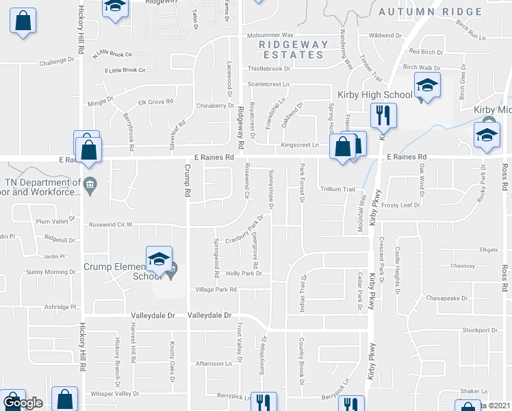 map of restaurants, bars, coffee shops, grocery stores, and more near 6235 Rosewind Cove in Memphis