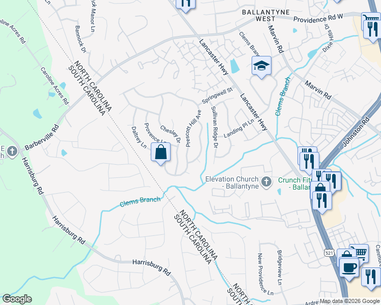 map of restaurants, bars, coffee shops, grocery stores, and more near 15723 Prescott Hill Avenue in Charlotte