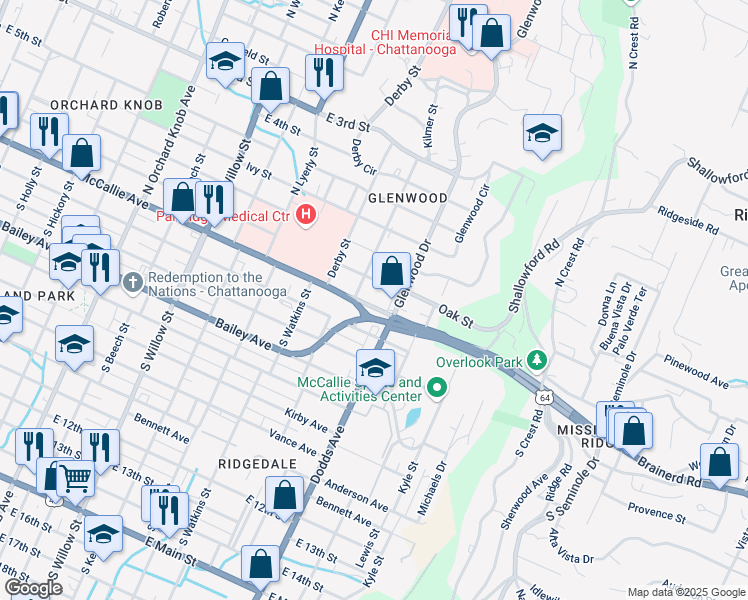 map of restaurants, bars, coffee shops, grocery stores, and more near 2527 McCallie Avenue in Chattanooga