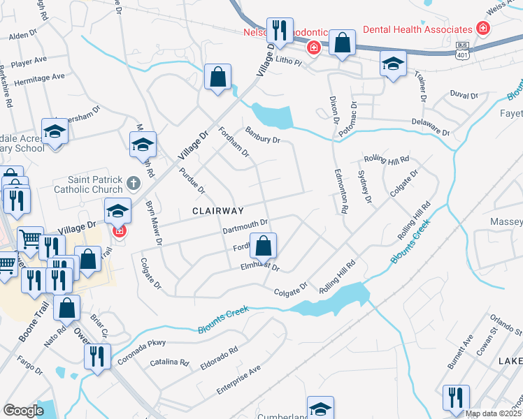 map of restaurants, bars, coffee shops, grocery stores, and more near 2503 Torcross Drive in Fayetteville