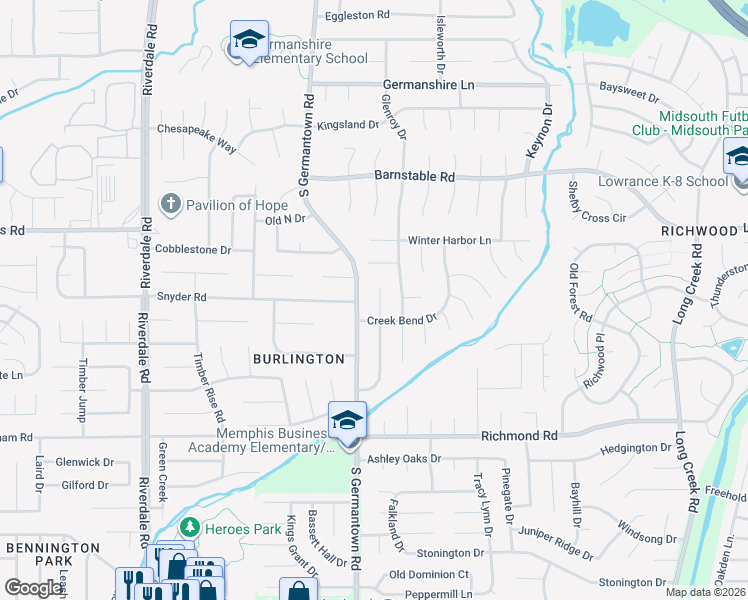 map of restaurants, bars, coffee shops, grocery stores, and more near 4251 Creek Manor Cove in Memphis