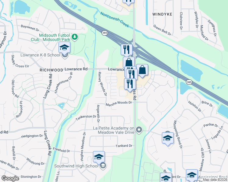 map of restaurants, bars, coffee shops, grocery stores, and more near 7939 Jadewood Cove in Memphis