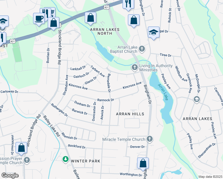 map of restaurants, bars, coffee shops, grocery stores, and more near 6348 Kincross Avenue in Fayetteville
