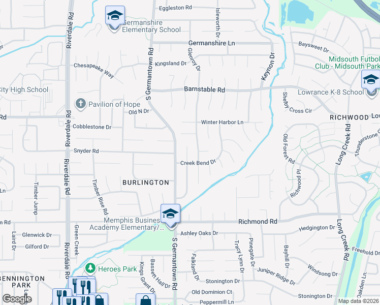 map of restaurants, bars, coffee shops, grocery stores, and more near 4251 Creek Manor Cove in Memphis